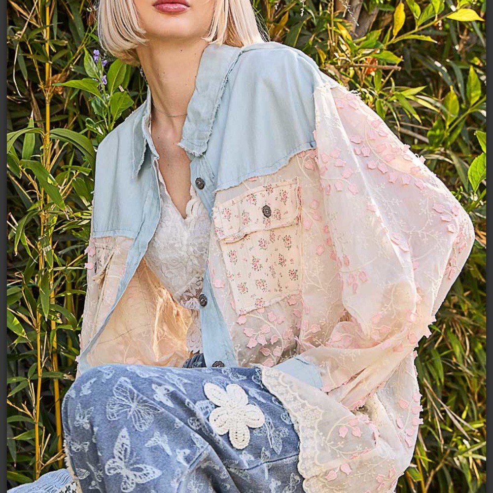 POL Light Blue and Pale Pink Lace-Trimmed Jacket New Without Tags Never Worn